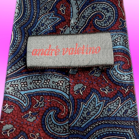 André Valetino Vintage Tie Red & Blue Silk Ornate Paisley Necktie - Picture 2 of 14